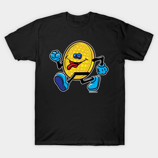 Happy Smiling Waffle Mascot strutting with Blueberries T-Shirt by eShirtLabs